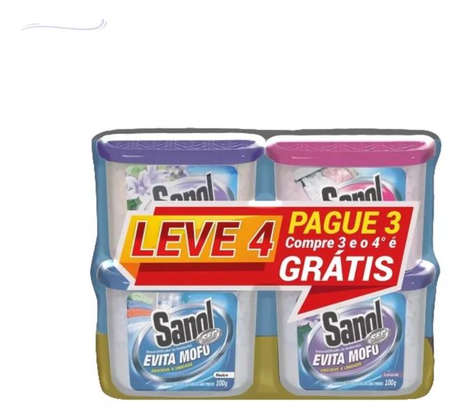 Imagem de Evita Tira Mofo Secar Leve 4 Pague 3 Sanol 4x100g Desumidificador Armário Pote Gaveta Guarda Roupa