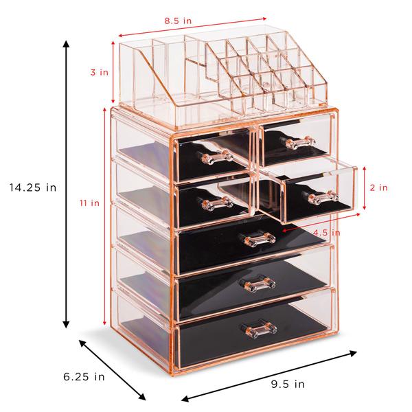 Imagem de Expositor de estojo de maquiagem e joias cosméticas Sorbus - Design espaçoso - Ótimo para banheiro, cômoda, penteadeira e bancada (3 grandes, 4 gavetas pequenas, rosa)