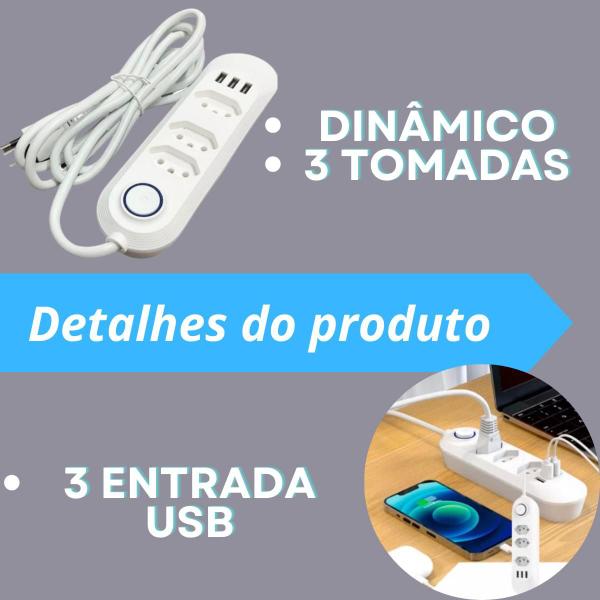 Imagem de Extensão 2 Em 1 De 3 Tomadas Tripolar Hub Com 3 Usbs 3.4 A