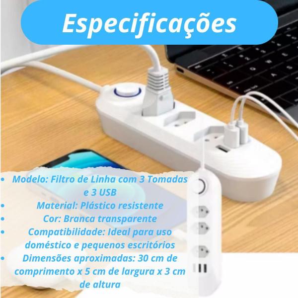 Imagem de Extensão 2 Em 1 De 3 Tomadas Tripolar Hub Com 3 Usbs 3.4 A