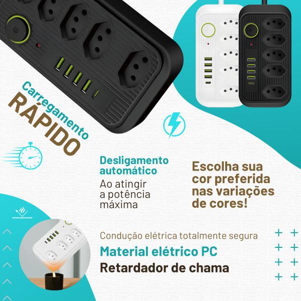 Imagem de Extensão 5 Tomadas 4 Usb 1 Tipo C 1 Pd Led Bivolt 110v/220v