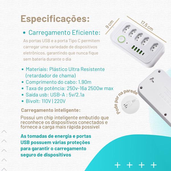 Imagem de Extensão 5 Tomadas 4 Usb 1 Tipo C 1 Pd Led Bivolt 110v/220v