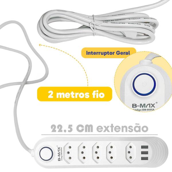 Imagem de Extensão 5 Tomadas B-Max 3 USB  Filtro de Linha 2m