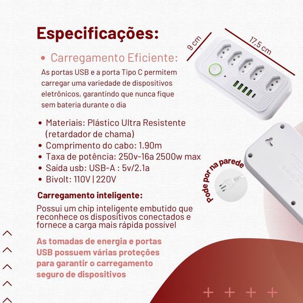 Imagem de Extensão 5 Tomadas E 4 Usb 1 Pd Led Bivolt Power 110v/220v