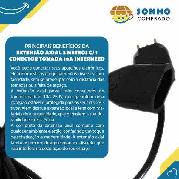 Imagem de Extensão Axial 3 metros C/ 1 Conector Tomada 10A 250V PRETA