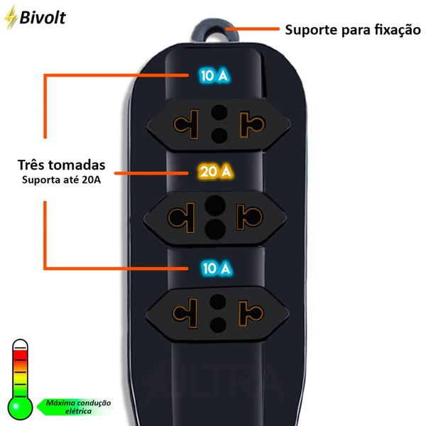 Imagem de Extensão Elétrica 03 Metros 03 tomadas Fio 2x15 Padrão Novo/antigo - Preta