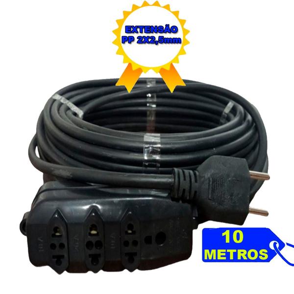 Extensão Elétrica 10 Metros Cabo PP 2x2,5mm Padrão Novo / Antigo Tomada com 10A e 20A C... Extensão Elétrica 10 Metros Cabo PP 2x2,5mm Padrão Novo / Antigo Tomada com 10A e 20A C...