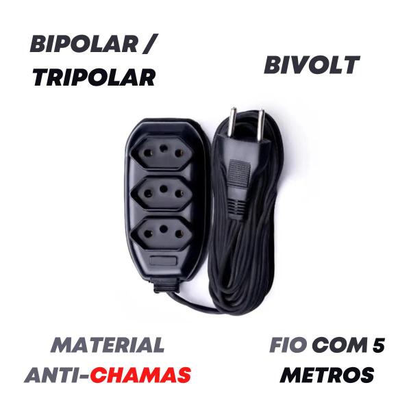 Imagem de Extensão Elétrica 5 Metros Tripolar 10a 3 Tomadas Bivolt Plug Reto - Extensão Elétrica Tripolar