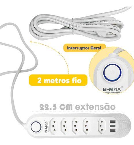 Imagem de Extensão Elétrica 5 Tomadas E 3 Usb Filtro De Linha Régua 2m