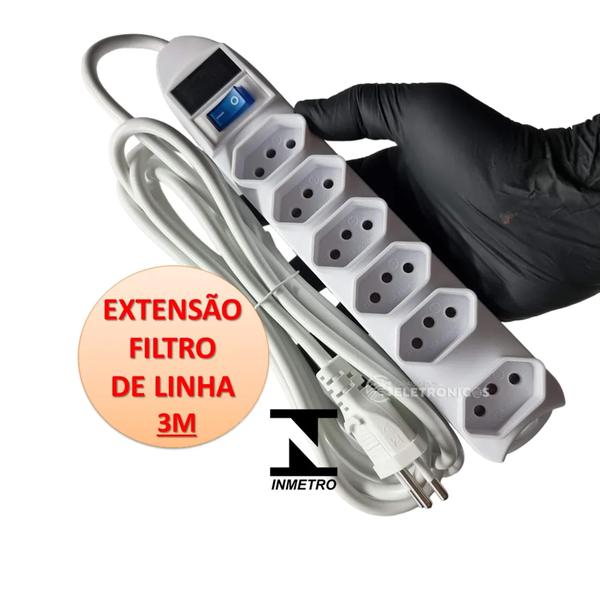 Imagem de Extensão Elétrica 6 Tomadas Filtro Linha Fusível 3 Metros SL76063M