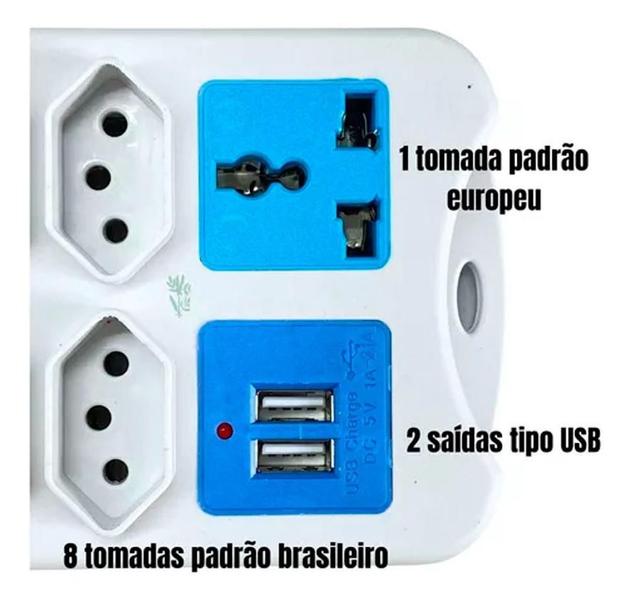 Imagem de Extensão Elétrica 9 Tomadas Régua Bivolt Com 2 Usb 5 Metros