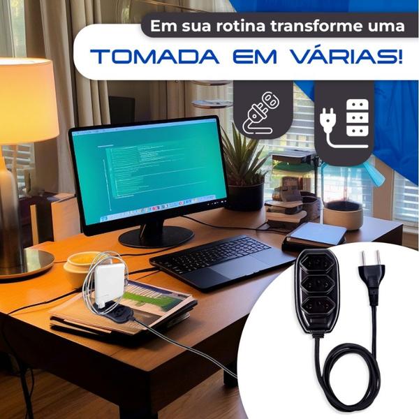 Imagem de Extensão Elétrica Bivolt com 3 Tomadas 110v 220v Tripolar Alexa Compacta 2 3 5 e 10 Metros