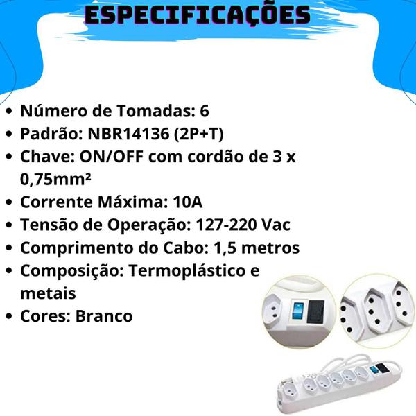 Imagem de Extensão Elétrica Régua Padrão Tripolar 6 Tomadas 10A Cabo 1,5 Metros Bivolt (110/220v) Com Fusível De Proteção