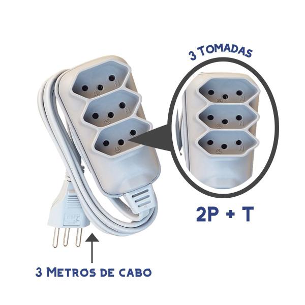 Imagem de Extensão Elétrica Tripla 3 Tomadas 2 Plug Bivolt 3 Metros