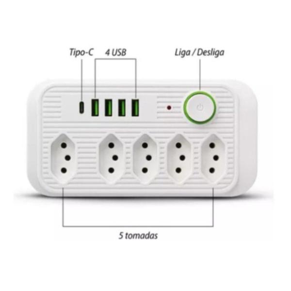 Imagem de Extensão Filtro De Linha Segurança 5 Tomadas 4 Usb E Usb C