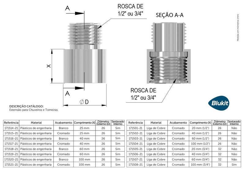 Imagem de Extensão P/ Chuveiros Torneiras Cromado 1/2'' X 4cm Blukit