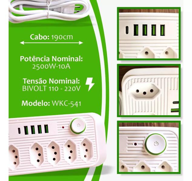 Imagem de Extensão Prime Cabo De 5 Metros 10a 5 Tomadas 4 Usb + Tipo C