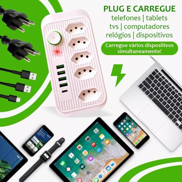 Imagem de Extensão Prime Cabo De 5 Metros 10a 5 Tomadas 4 Usb + Tipo C