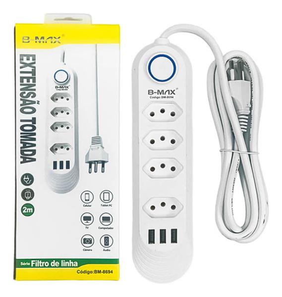 Imagem de Extensão Régua de Tomada Energia 4 Tomadas 3 USB Carregador de Celular Cabo de 2 metros Bivolt 110v 220v 2500W 10A