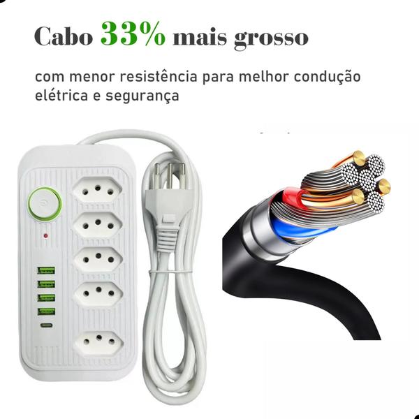 Imagem de Extensao Tomada Eletrica 2m Filtro De Linha 5 Tomadas 4 Usb Suporte a Tensão