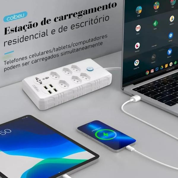 Imagem de Extensão Tomada Régu de Energia 6 Tomadas 4 USB, 1 Tomada Universal, Cabo de Alimentação de 1,9 metros, Suporte a Tensão de 110-220V