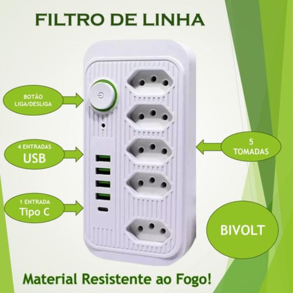 Imagem de Extensão Tomada Régua de Energia 5 Tomadas 4 USB 1 USB Tipo-C Carregar Celular Cabo 2 metros Bivolt 110v 220V 2500W