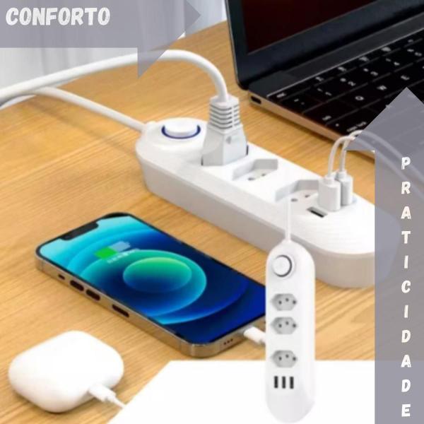 Imagem de Extensão Tripolar De 3 Tomadas 3usb Botão Led Cabo Grosso 2m