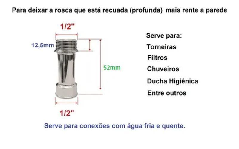 Imagem de Extensor Cromado Prolongador Médio Torneira Chuveiro 1/2''