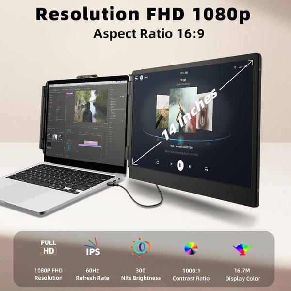 Imagem de Extensor de monitor para laptop TXV portátil 1080P HDMI/tipo C de 14 polegadas