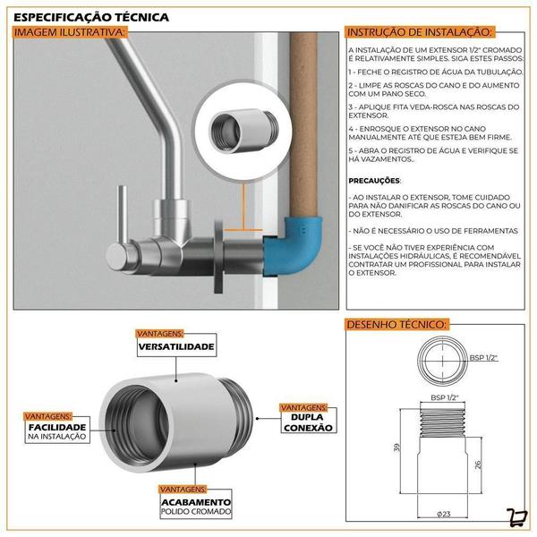 Imagem de Extensor Prolongador Curto 1/2 Torneira Chuveiro Cromado