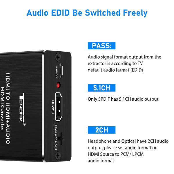 Imagem de Extrator de áudio HDMI para HDMI e óptico TOSLINK SPDIF 4K