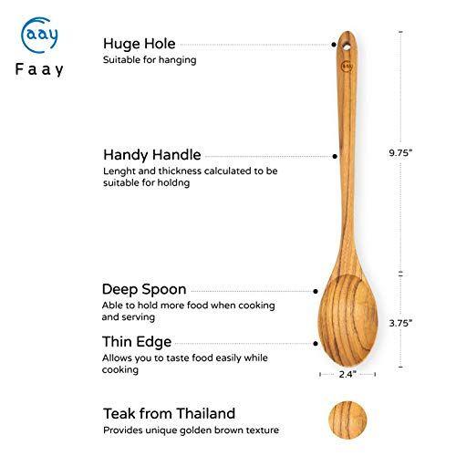 Imagem de FAAY 13,5" Teak Cooking Spoon, Colher de Madeira, Misturando Colher Artesanal de Teca  Resistência saudável e úmida para panelas antiaderente