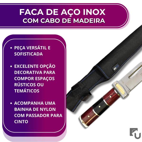 Imagem de Faca Aço Inox com Detalhe Dourado e Cabo Madeira para Churrasco Camping Caça Pesca - Luatek