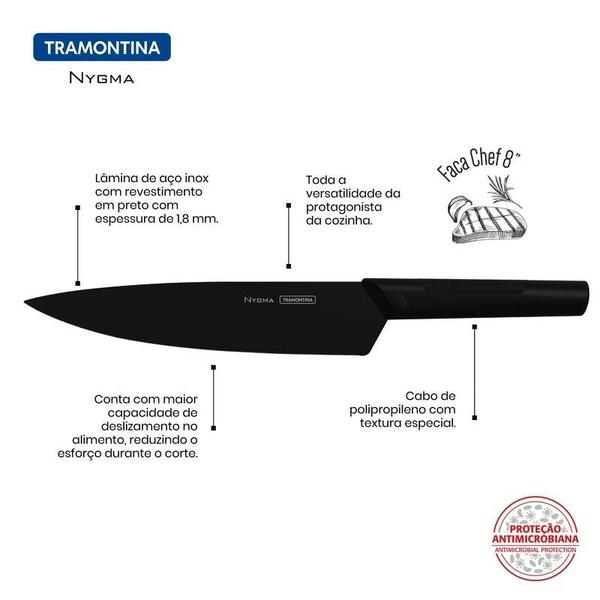 Faca chef tramontina nygma com lâmina em aço inox e cabo de polipropileno texturizado preto 8 Imagem de Faca chef tramontina nygma com lâmina em aço inox e cabo de polipropileno texturizado preto 8
