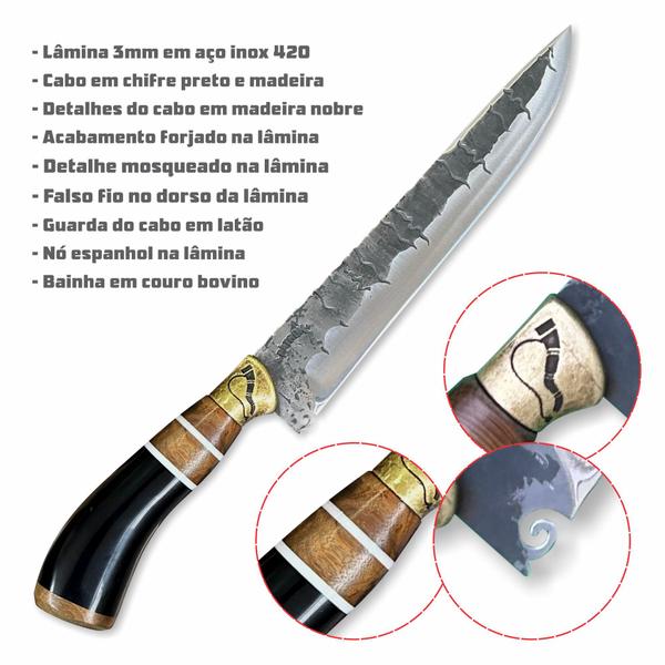 Imagem de Faca Churrasco 10P Inox 3mm Forjada Chifre Preto com Guarda