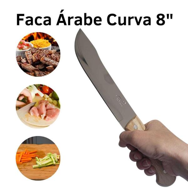 Imagem de Faca Curva 8 Inox Cabo Madeira Cozinha Corte Carne Churrasco