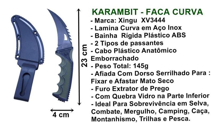 Imagem de Faca Curva Inox Xingu 23Cm Bainha Plastica Karambit Afiada