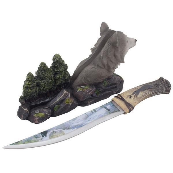 Imagem de Faca de caça decorativa Home 'n Gifts Grey Wolf com suporte