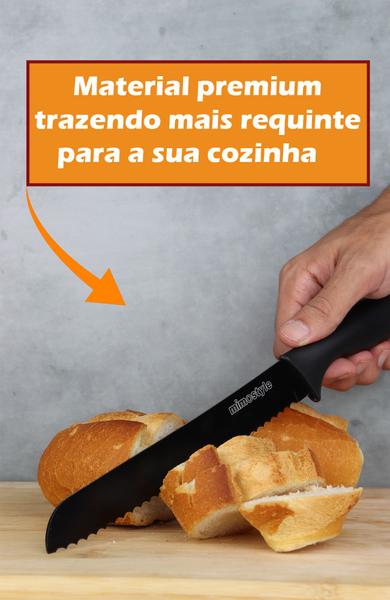 Imagem de Faca De Cozinha Premium Antiaderente Com Serra Para Pão E Bolo Em Aço Inox E Cabo Preto Churrasco Profissional