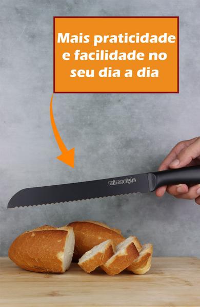 Imagem de Faca De Cozinha Premium Com Serra Para Pão E Bolo Em Aço Inox E Cabo Preto Churrasco Profissional Serrilhada