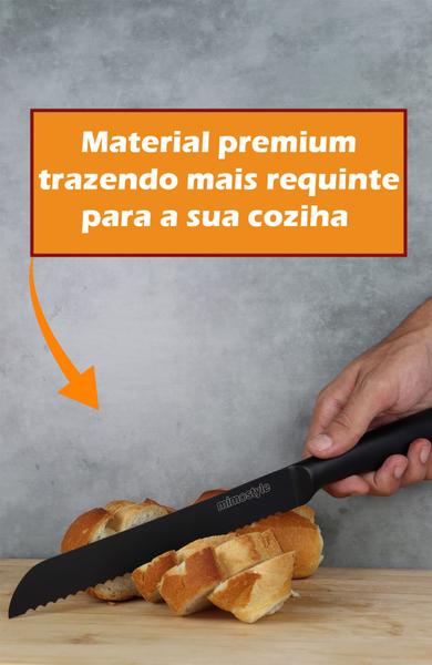 Faca De Cozinha Premium Com Serra Para Pão E Bolo Em Aço Inox E Cabo Preto Churrasco Profissional Serrilhada - mimo style Imagem de Faca De Cozinha Premium Com Serra Para Pão E Bolo Em Aço Inox E Cabo Preto Churrasco Profissional Serrilhada