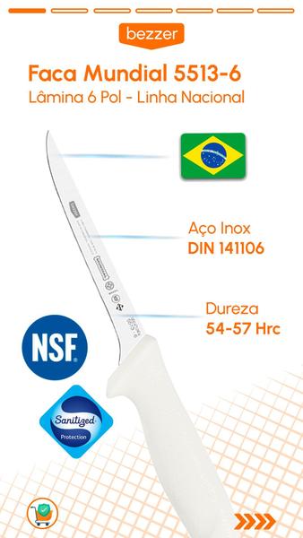 Imagem de Faca Desossa Flexível 6 Pol Mundial 5513-6 Filetar Peixe Carne Cabo Amarelo Antibacteriano