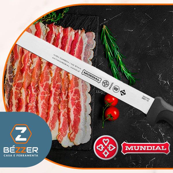 Imagem de Faca Fiambre Lisa Inox 35cm 14pol Fatiador Kebab Frios Churrasco Cabo Preto Antibacteria Mundial