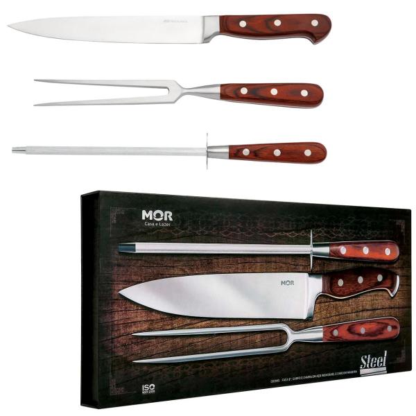 Imagem de Faca Garfo Chaira Kit Churrasco Inox Steel Mor 3 peças