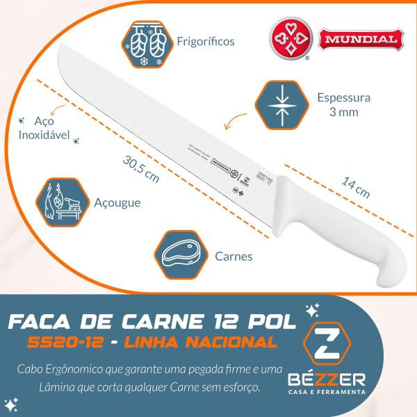 Imagem de Faca Mundial 12pol e Chaira Estriada 12pol Açougue Frigorífico Cabo Antibacteria Linha Nacional