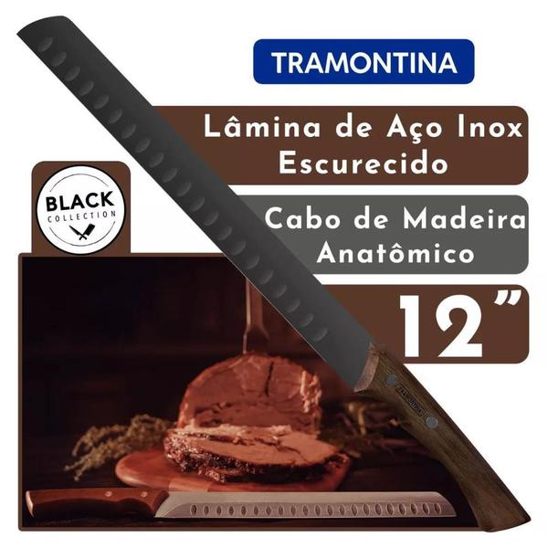 Imagem de Faca para Fatiar Churrasco Black com Lâmina em Aço Inox Escurecido e Cabo de Madeira 12 Tramontina