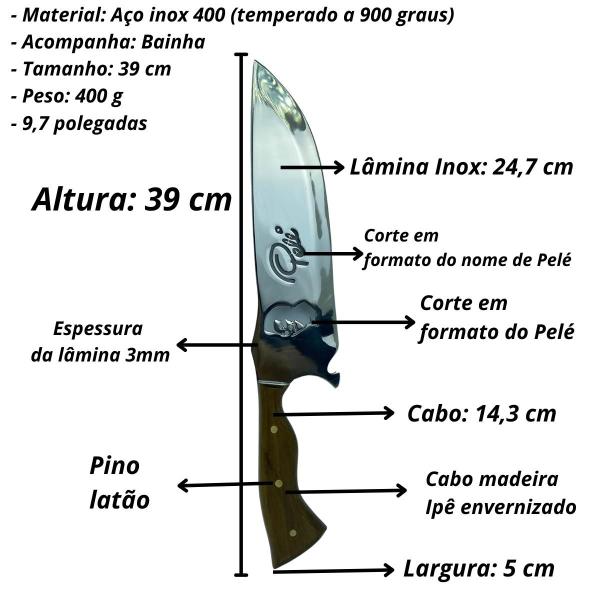 Imagem de Faca Pelé picanheira artesanal lâmina aço inox cabo madeira detalhe rustico + bainha couro para cozinha churrasco caça