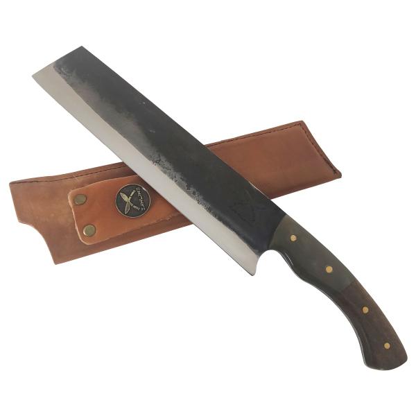 Imagem de Faca Santoku 8" Aço Inox 420c Brut Forge 3mm Cabo em Chifre e Madeira com Bainha de Couro