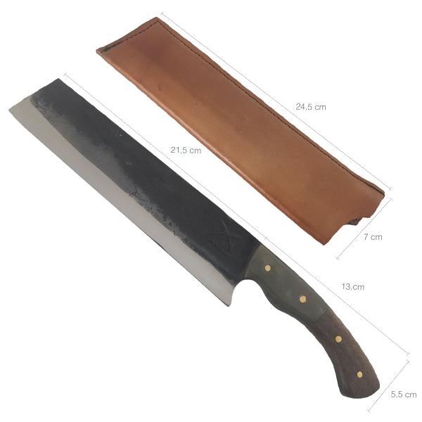 Imagem de Faca Santoku 8" Aço Inox 420c Brut Forge 3mm Cabo em Chifre e Madeira com Bainha de Couro