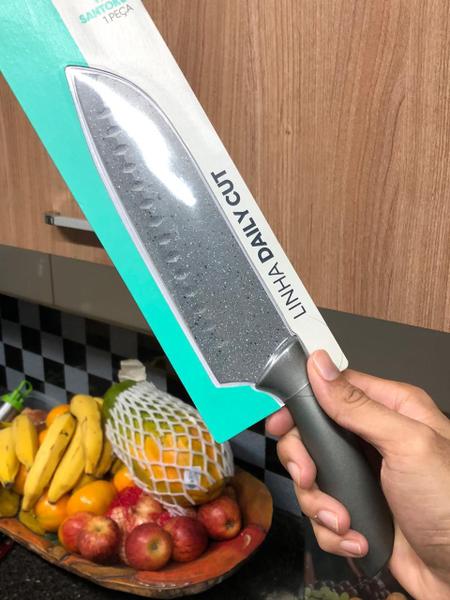 Imagem de Faca santoku de cozinha chef churrasco sushi fatiar e picar em aço inox com pintura antiaderente